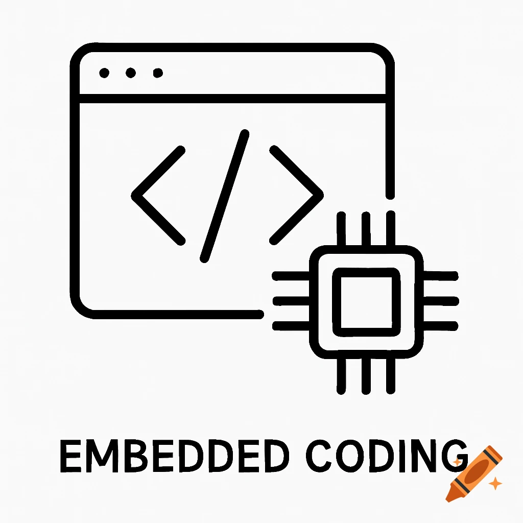 A black-and-white outline icon representing embedded coding, showing a web browser with code symbols and a CPU chip and the words "EMBEDDED CODING".