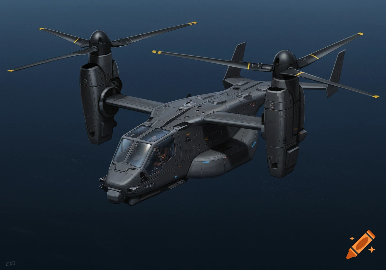 A dark gray, stealthy-looking tiltrotor aircraft with large propellers on each wing hovers against a dark blue background.