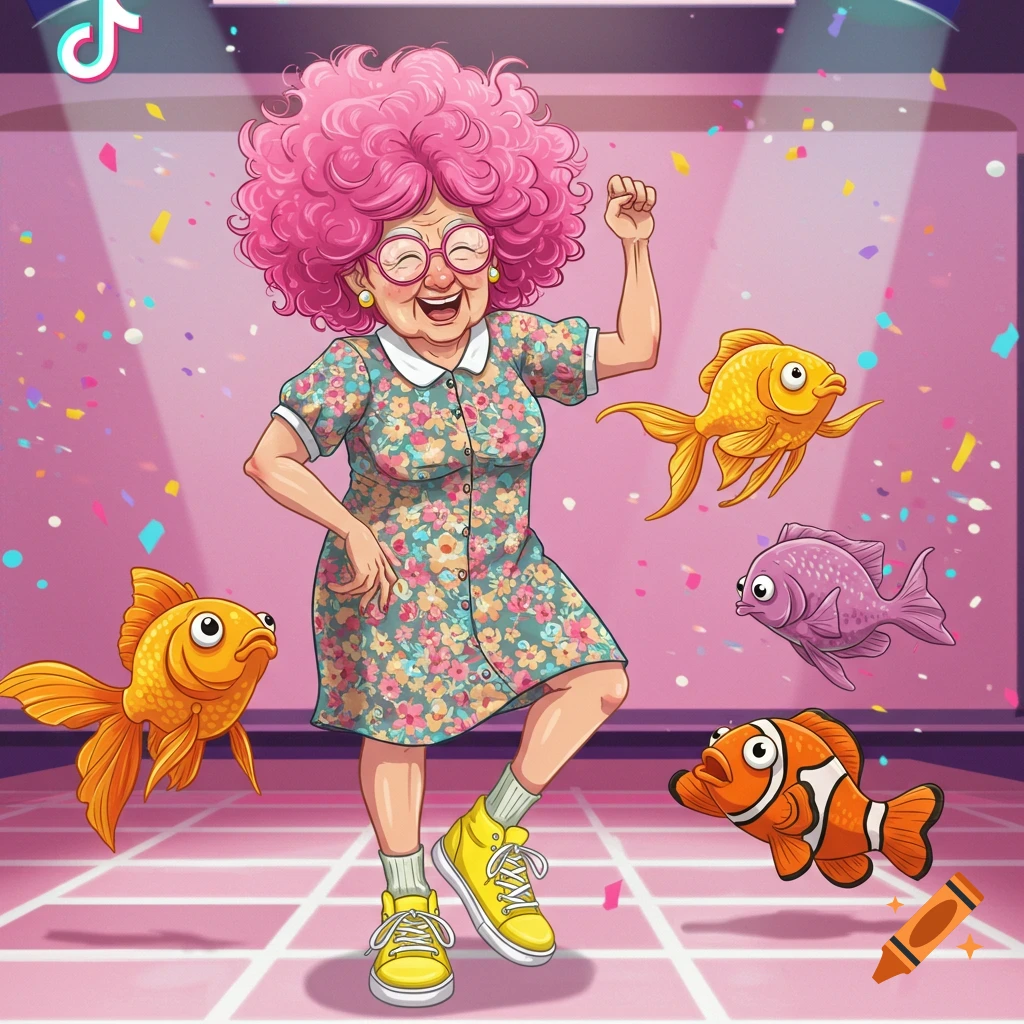 A vibrant cartoon of a joyful elderly woman with pink afro hair dancing with three cartoon fish on a pink dance floor.