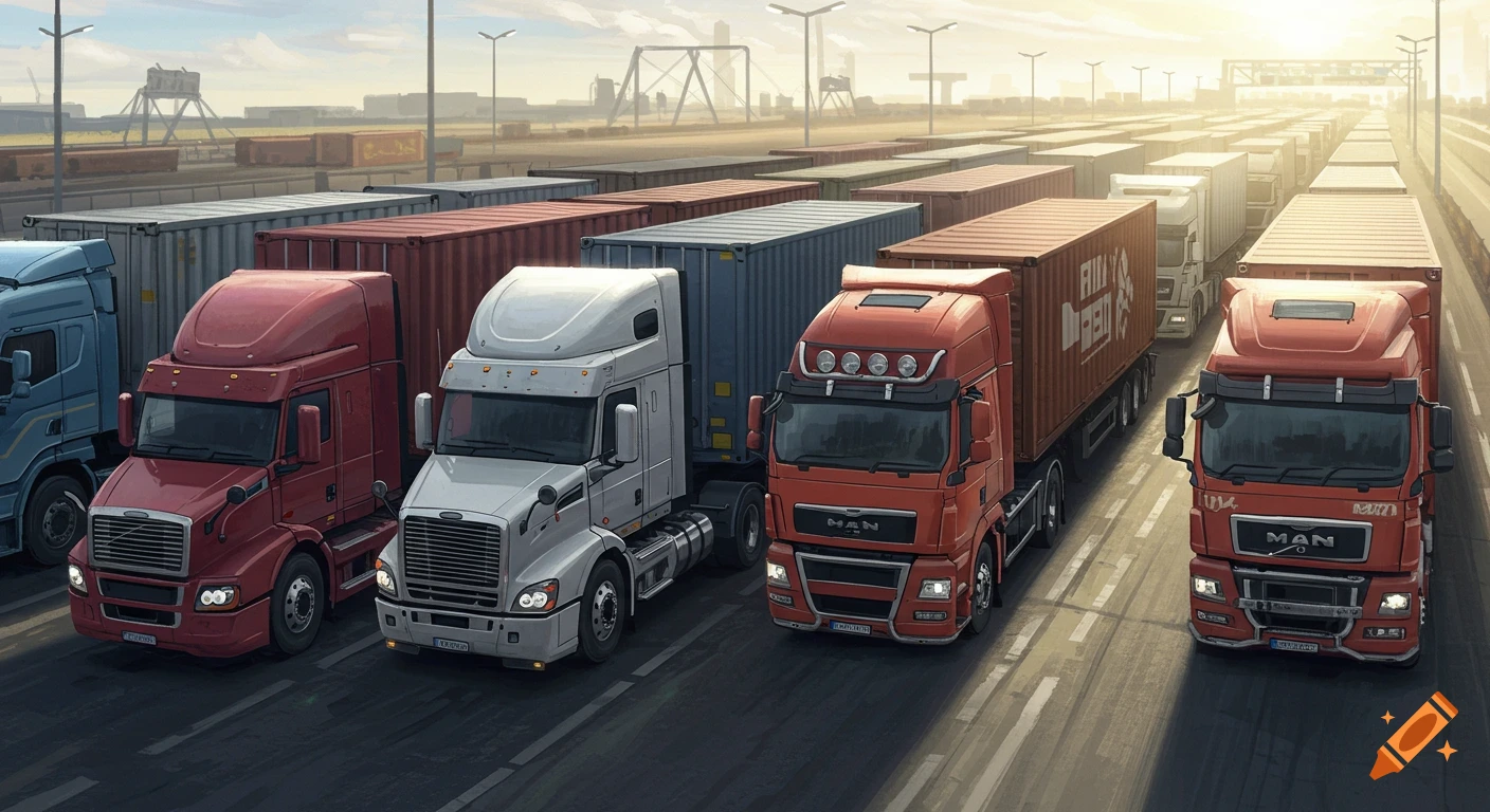 A long line of semi-trucks with cargo containers parked in a freight yard, rendered in a digital art style.