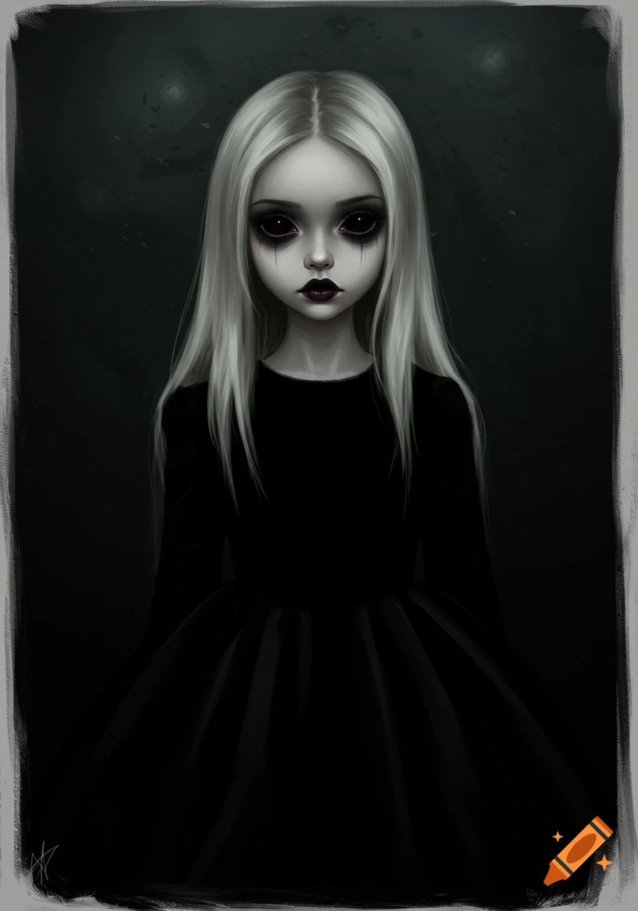Gothic digital painting of a pale girl with long white hair, large black eyes, dark makeup, and a black dress.