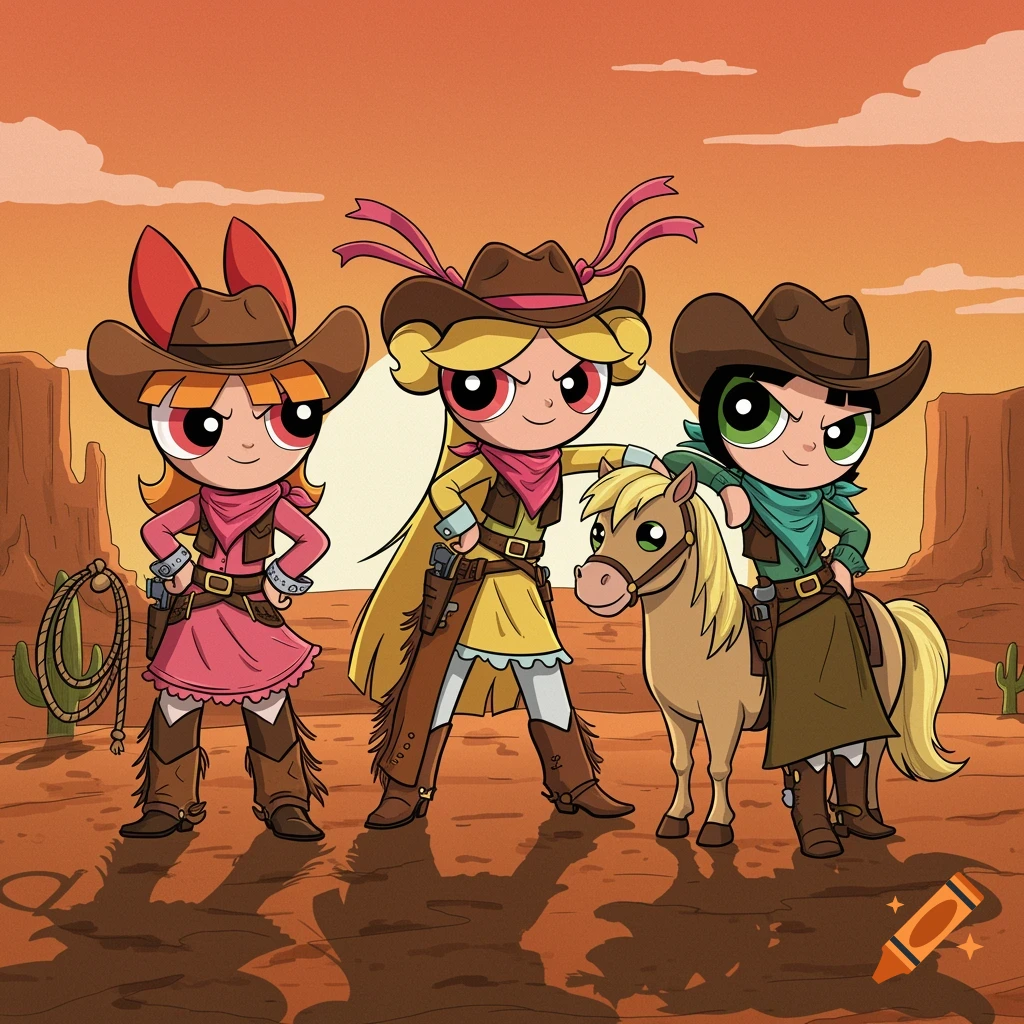 Three cartoon Powerpuff Girls dressed as cowboys stand in a desert landscape with a small horse.