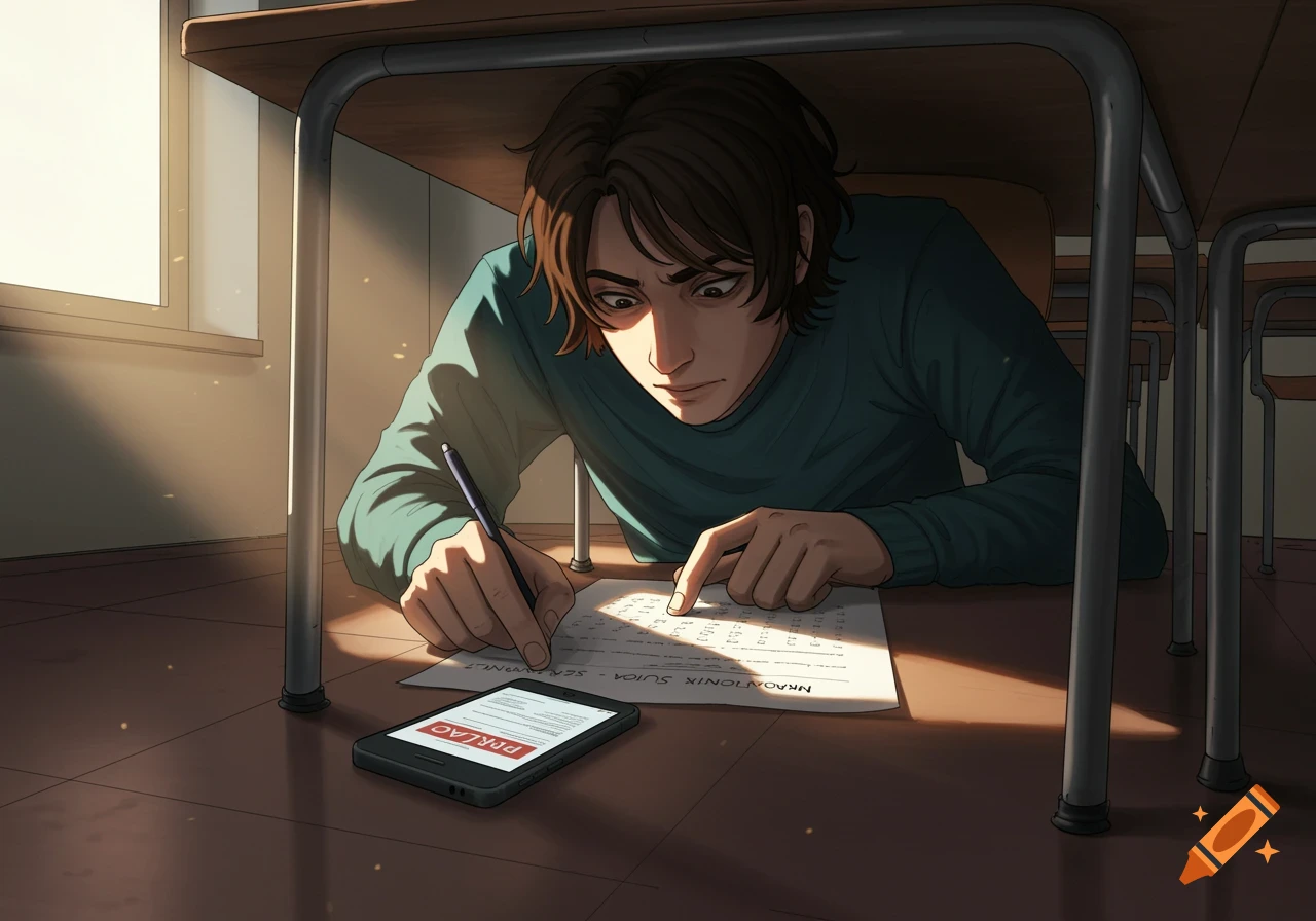 An anime-style illustration of a student cheating on a test with a phone hidden under a desk.