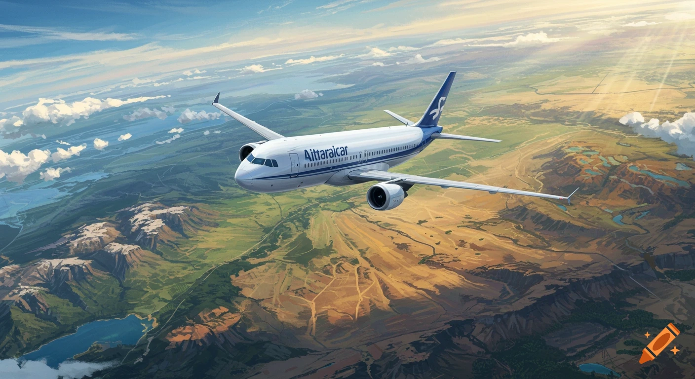 An airplane flies high above a sprawling landscape of mountains, valleys, and lakes under a partly cloudy sky with sun rays.