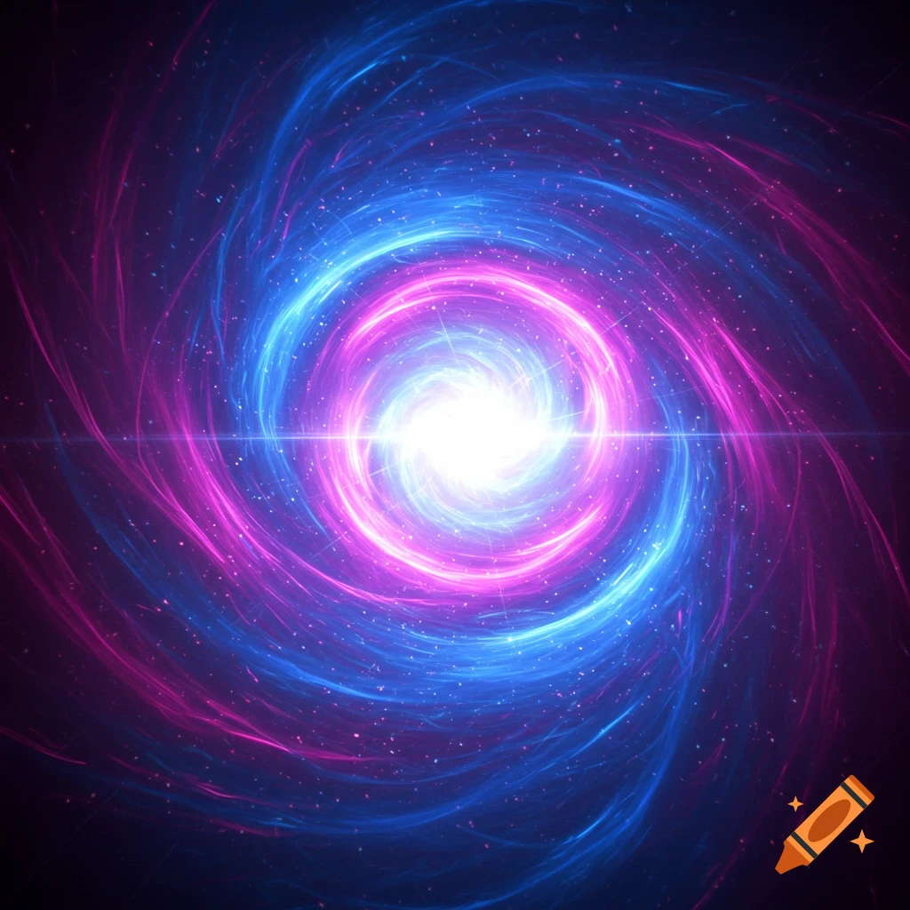 A vibrant blue and magenta spiral of light with a bright white center, resembling a cosmic vortex or galaxy.