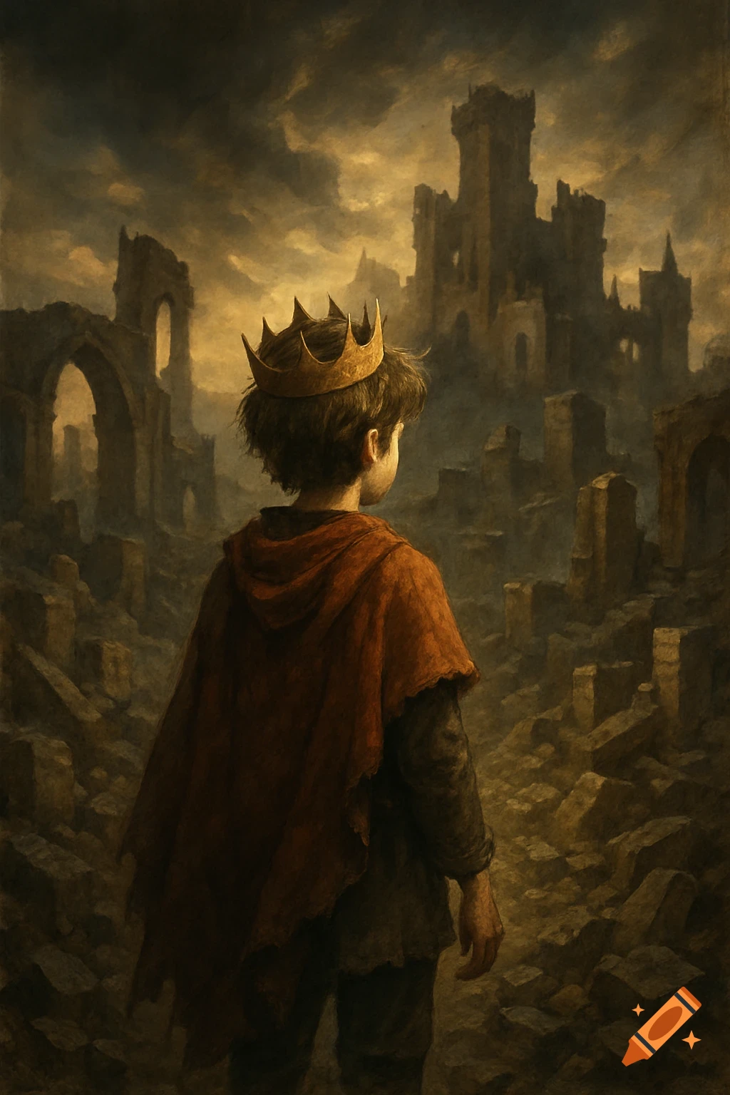 A boy with a golden crown and red cloak stands with his back to the viewer, looking over the desolate ruins of a kingdom under a dramatic, cloudy sky.