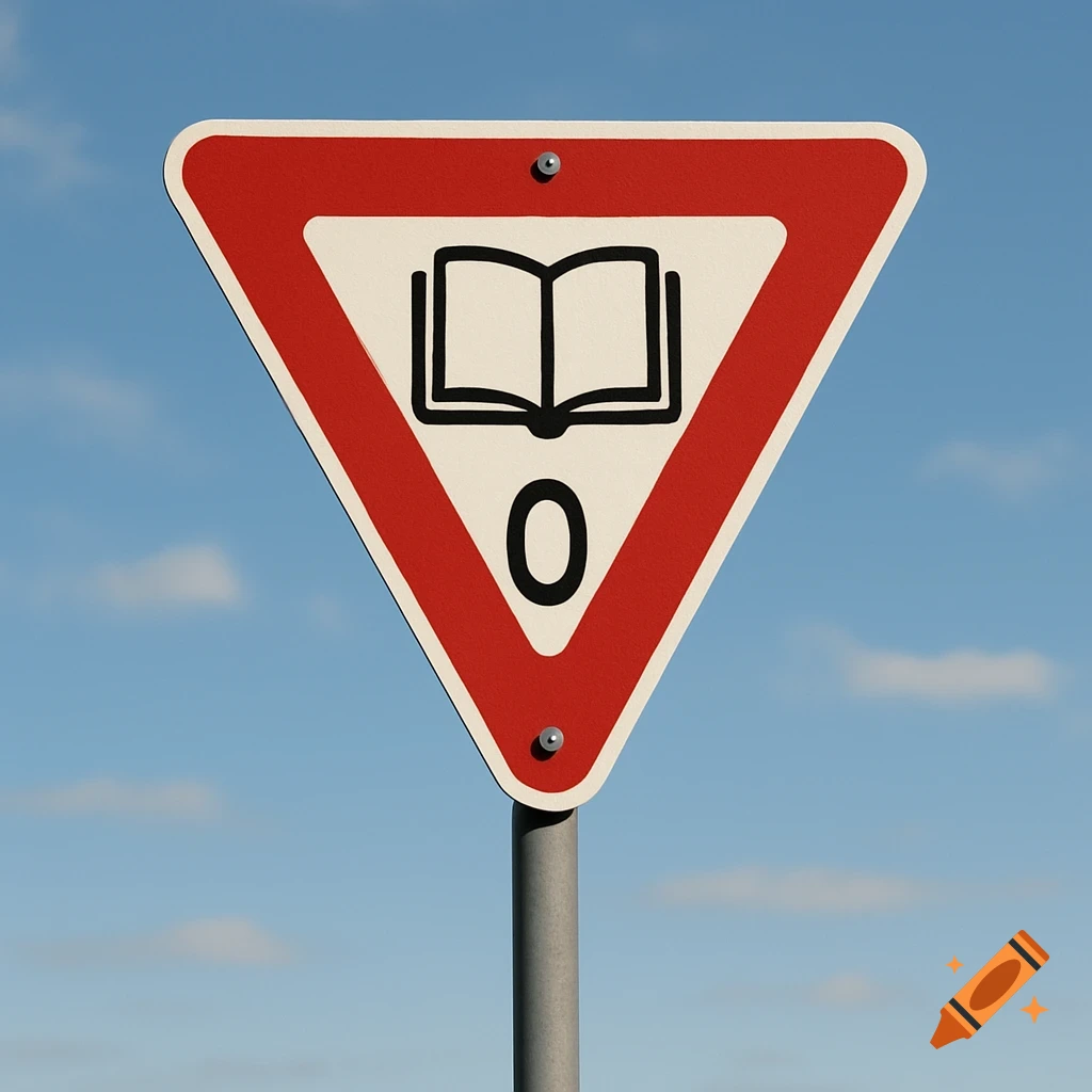 A red and white triangular yield sign featuring an open book icon above the number 0, against a blue sky.
