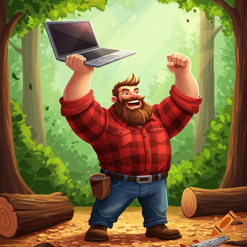An excited cartoon lumberjack in a red plaid shirt triumphs in a sunny forest, holding a laptop overhead while flexing his other arm.