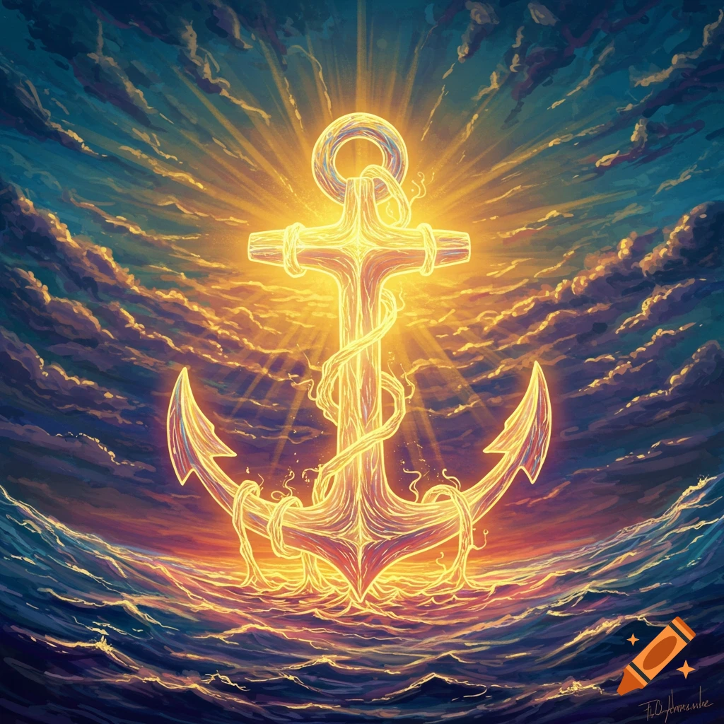 A glowing golden anchor stands in the midst of a stormy sea, with radiant light rays breaking through dramatic clouds at sunset or sunrise. The style is illustrative.