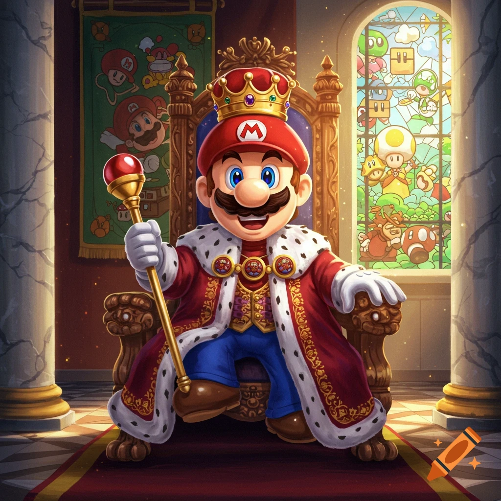 Mario, dressed as a king in a red robe and crown, sits on a golden throne in a grand hall.