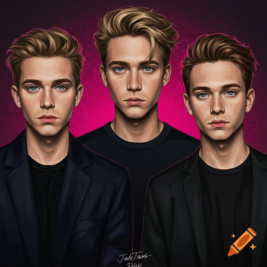 Three digitally drawn portraits of young men with blond hair and blue eyes against a vibrant pink and purple background.
