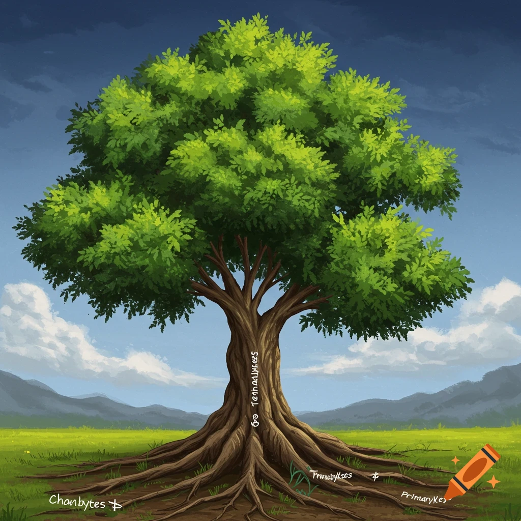 A vibrant green tree with prominent roots stands in a grassy field under a blue sky with clouds and distant mountains in a painterly style.