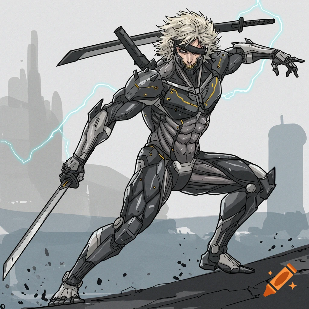 Raiden, a cyborg ninja, in a dynamic pose holding a katana, in the distinctive style of Yoji Shinkawa.