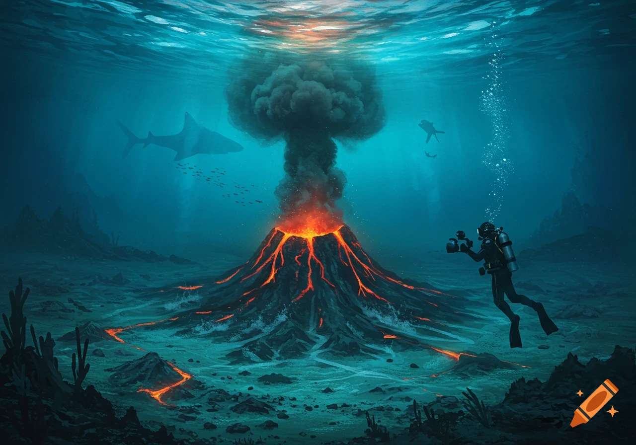 Underwater volcano erupting with lava and ash, a diver with a camera, and a shark silhouette in the deep blue sea.
