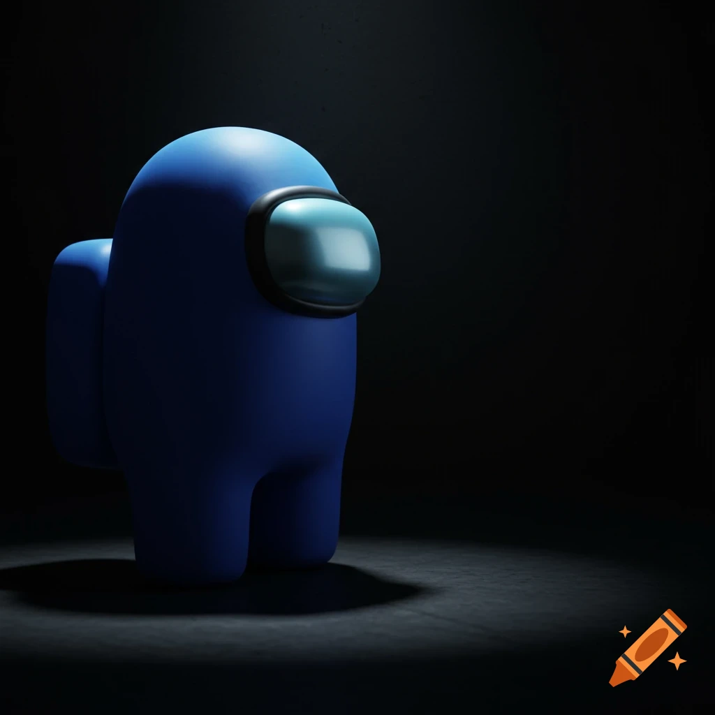 A blue Among Us character standing in a spotlight, looking left against a dark background.
