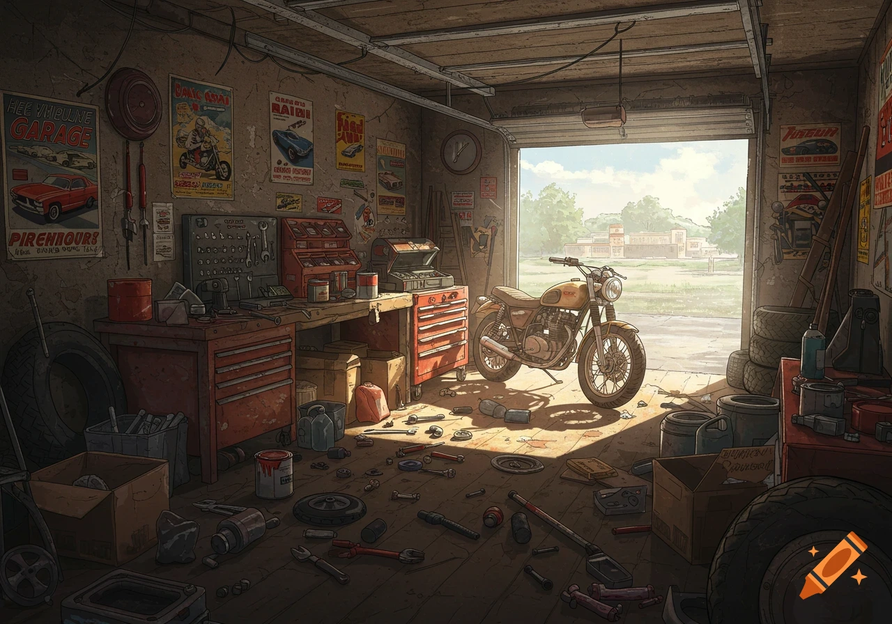 A detailed illustration of a messy garage filled with tools, car parts, and a vintage motorcycle, with sunlight streaming through the open door.