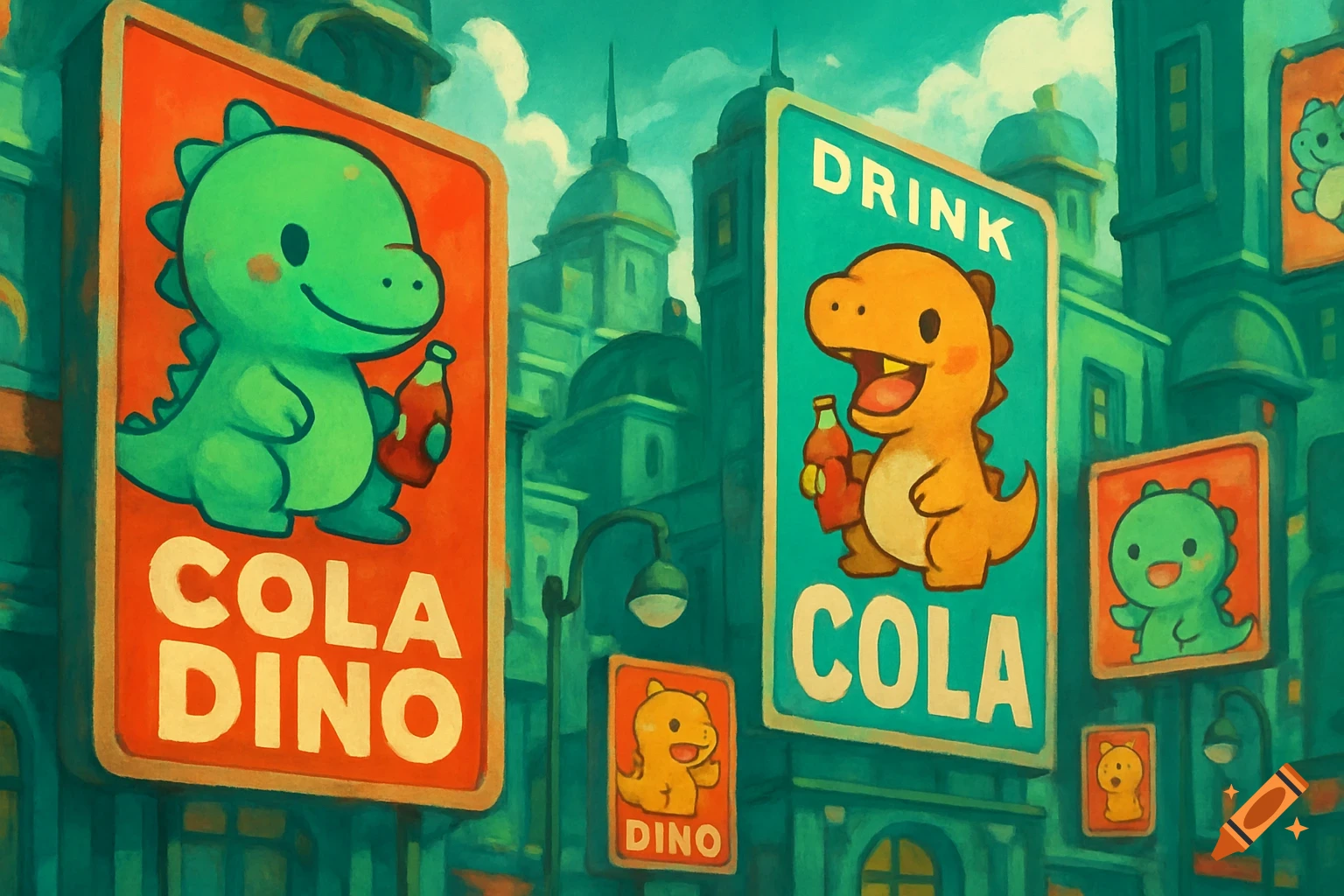 Cute cartoon dinosaur advertisements for Cola Dino and Drink Cola on billboards in a stylized green and blue city.