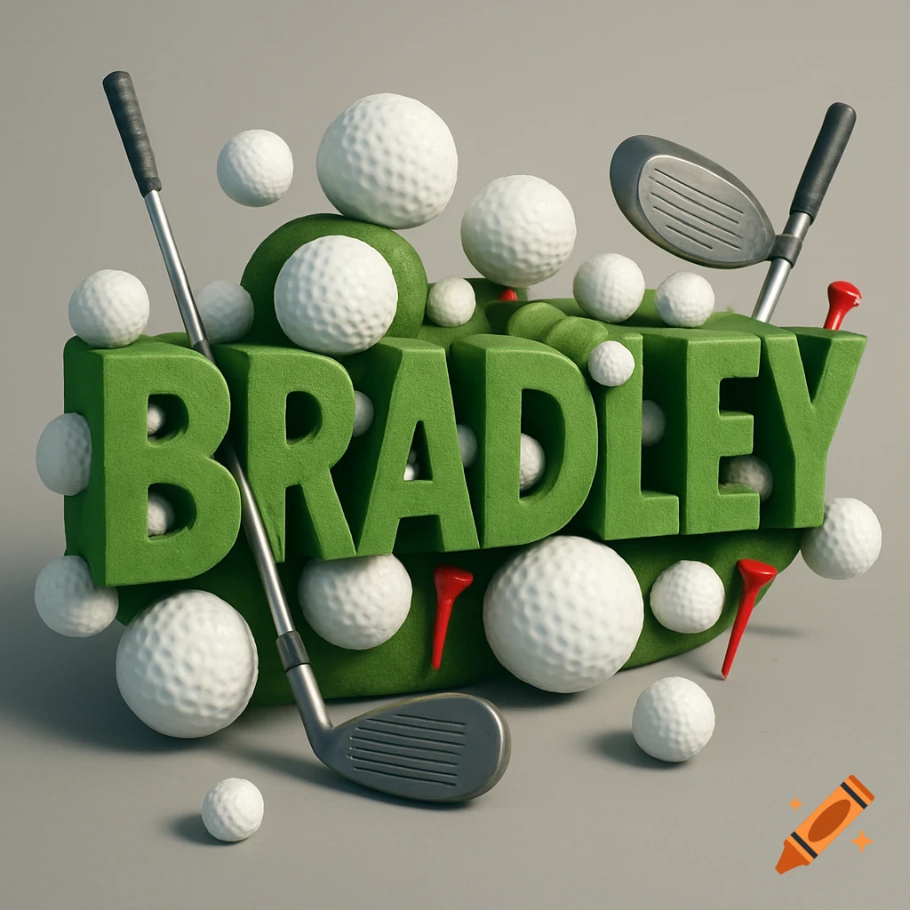 A 3D rendering of the name "BRADLEY" in green textured letters, surrounded by white golf balls, golf clubs, and red golf tees on a gray background.