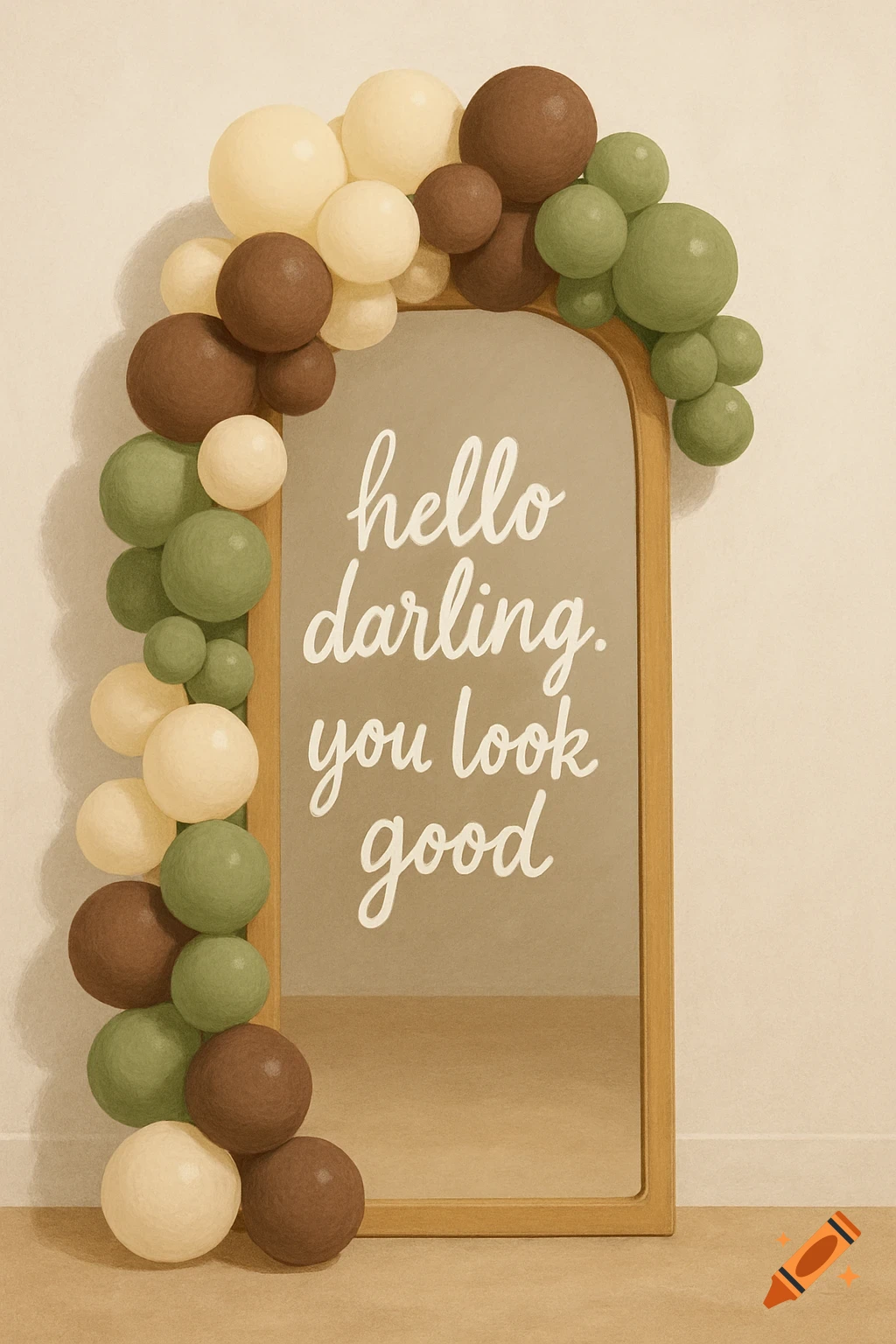 An arch-shaped full-length mirror decorated with a demi-arch of cream, chocolate, and green balloons, featuring the text "hello darling. you look good" on its surface.
