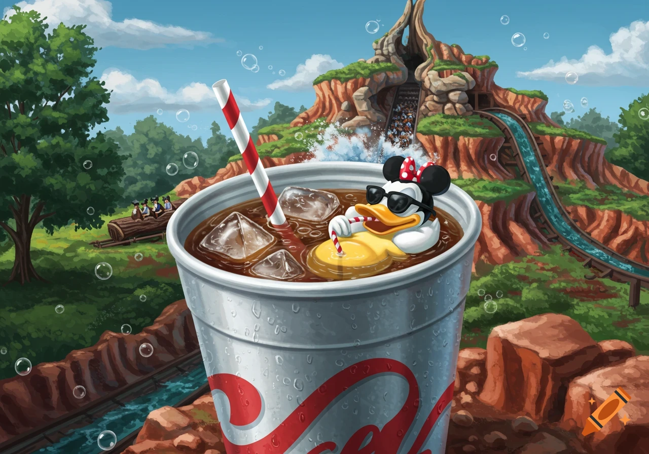 An animated rubber duck with mouse ears and sunglasses floats in a giant soda cup with ice cubes, set against a background of Splash Mountain at Disney World.