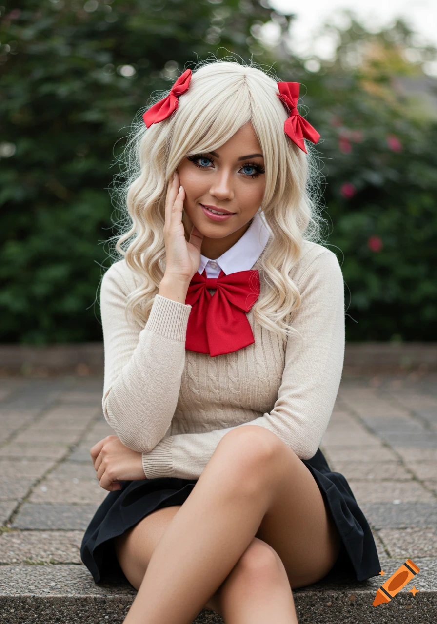 A young woman with blonde, curly hair and a red bow sits, wearing a beige sweater and black skirt, posing with her hand to her cheek.