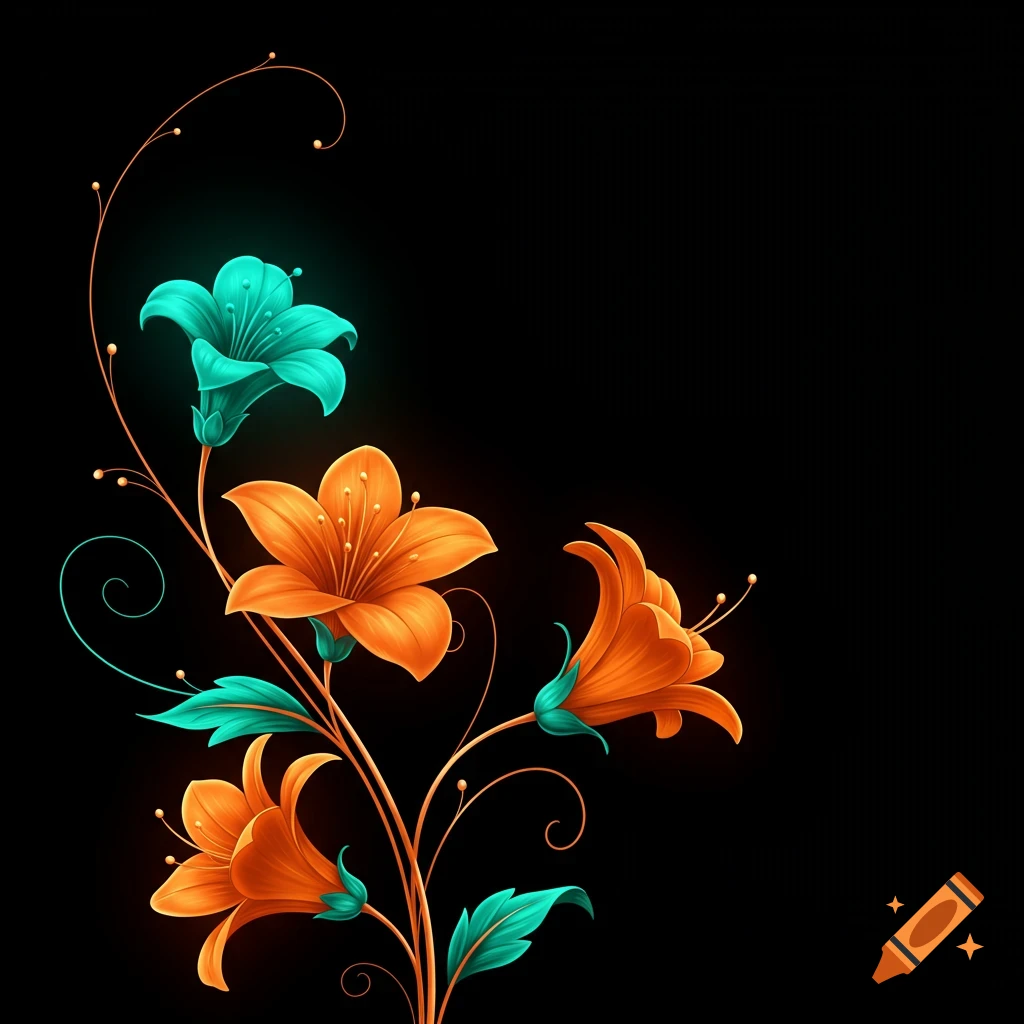Illustrative orange and turquoise flowers and vines against a black background.