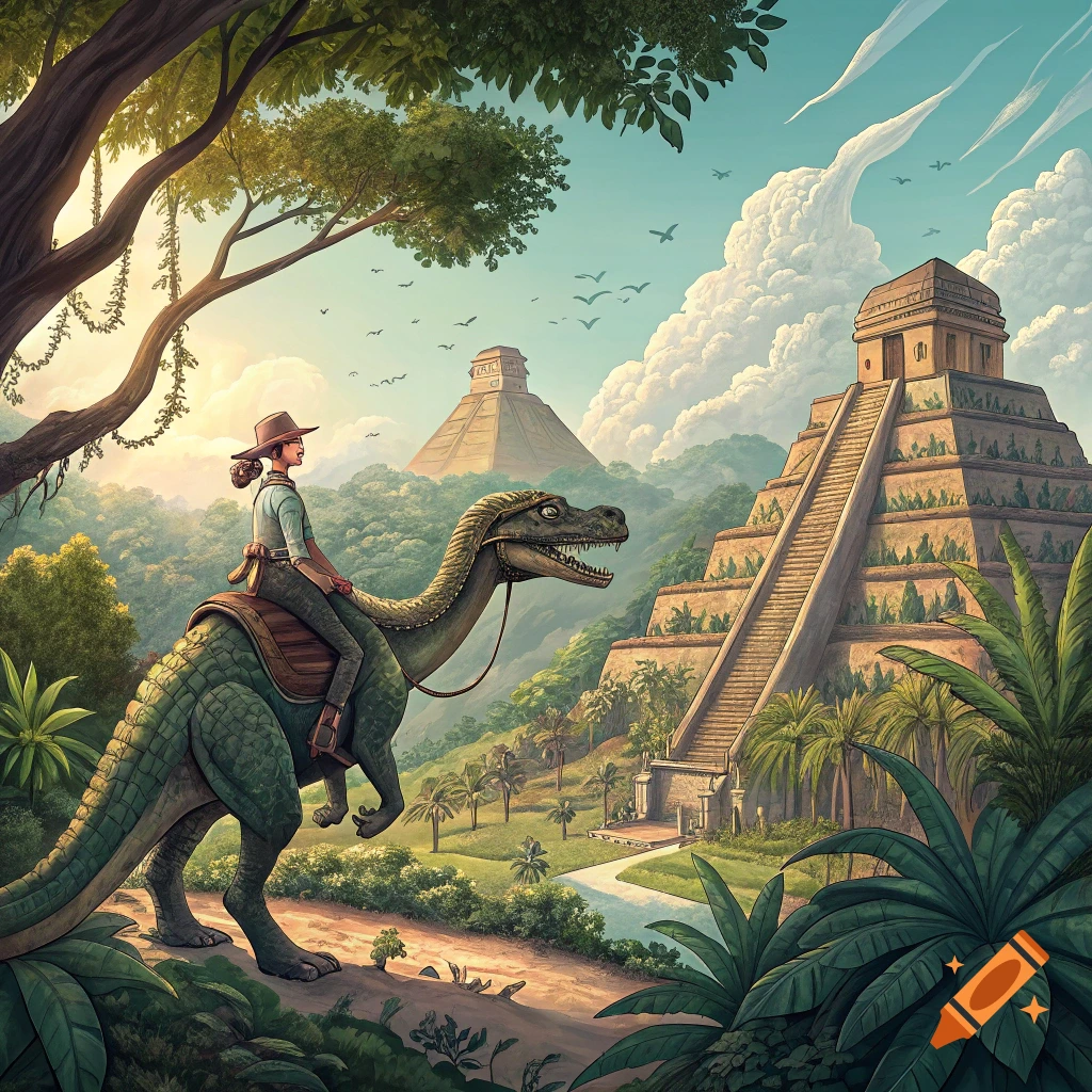 A person in a hat rides a dinosaur through a lush jungle with ancient Mayan pyramids in the background.