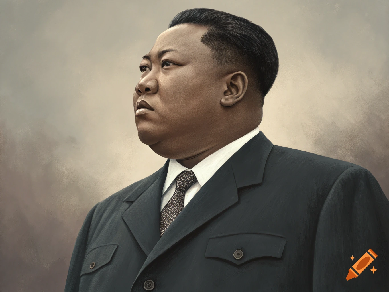 A painted portrait of a man resembling Kim Jong Un with darker skin and a suit, looking left.
