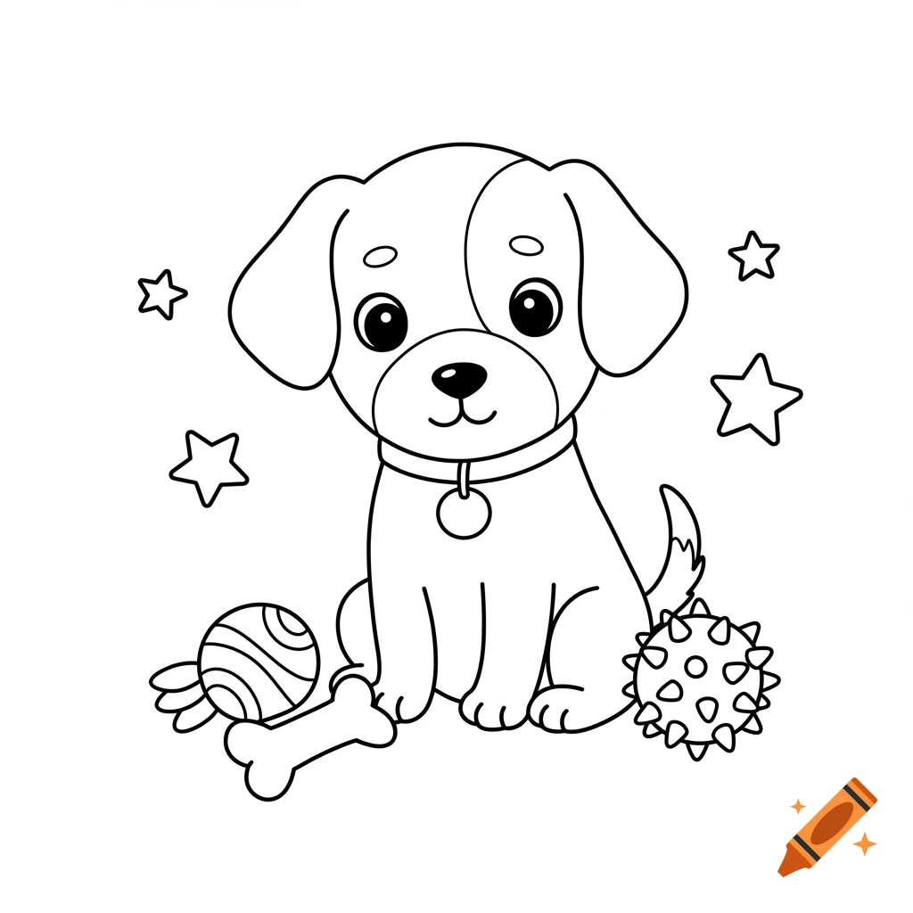 Simple black and white outline drawing of a cute puppy sitting with bone and spiky ball toys, stars, coloring book style.