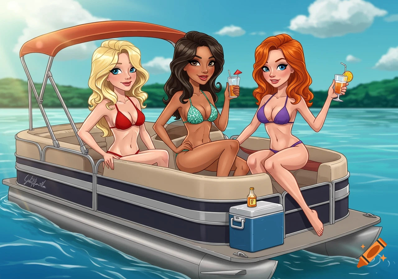 Cartoon of three women in bikinis on a pontoon boat, enjoying drinks on a sunny day.