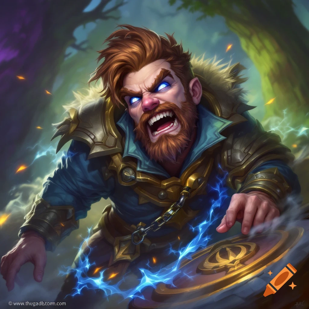 A stylized fantasy portrait of an angry bearded man with glowing blue eyes, wearing armor, crackling with blue electricity in a forest.