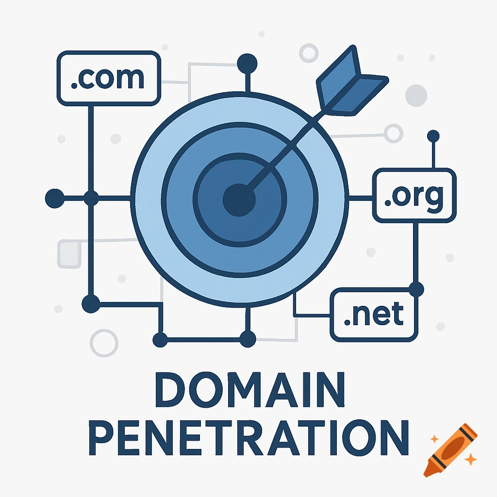Blue target with an arrow hitting the center, connected to .com, .org, and .net boxes, with 'DOMAIN PENETRATION' text below. UI/UX style.