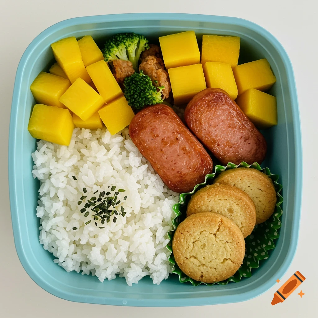 A bento box filled with white rice topped with spices, two fried sausages, cubed yellow fruit (likely mango), broccoli florets, and three round cookies in a green paper liner.
