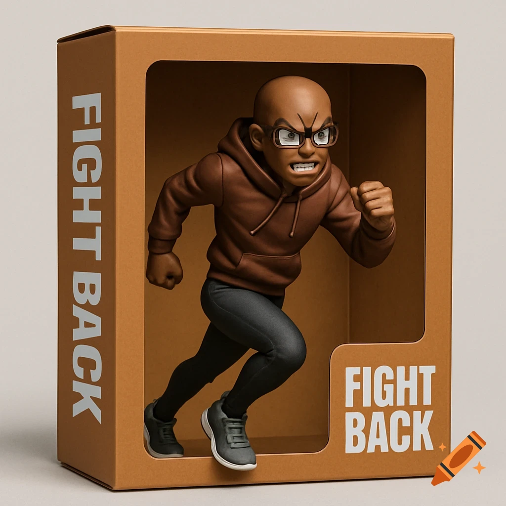 A 3D render of an angry bald Black man anime figurine wearing a brown hoodie, leggings, and glasses, running inside a brown display box with 'FIGHT BACK' text on it.