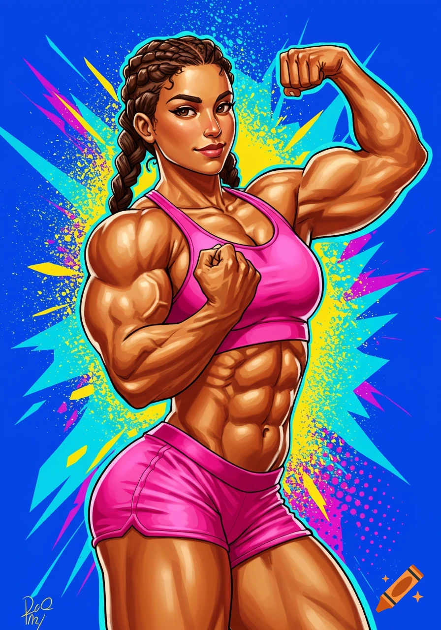 A muscular woman in a pink sports bra and shorts flexes her biceps and abs against a vibrant blue background. Stylized.