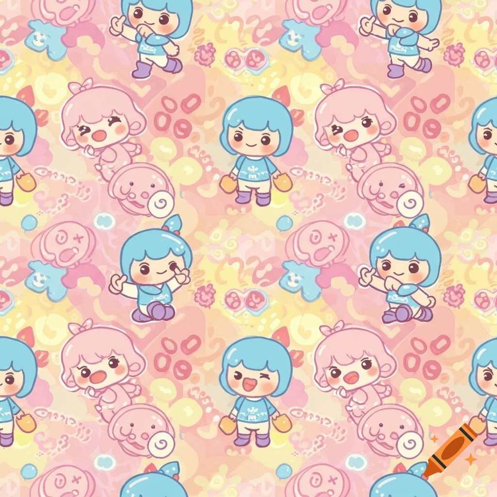 A seamless repeating pattern of cute, pastel-colored chibi characters with blue and pink hair on a light pink and yellow abstract background.