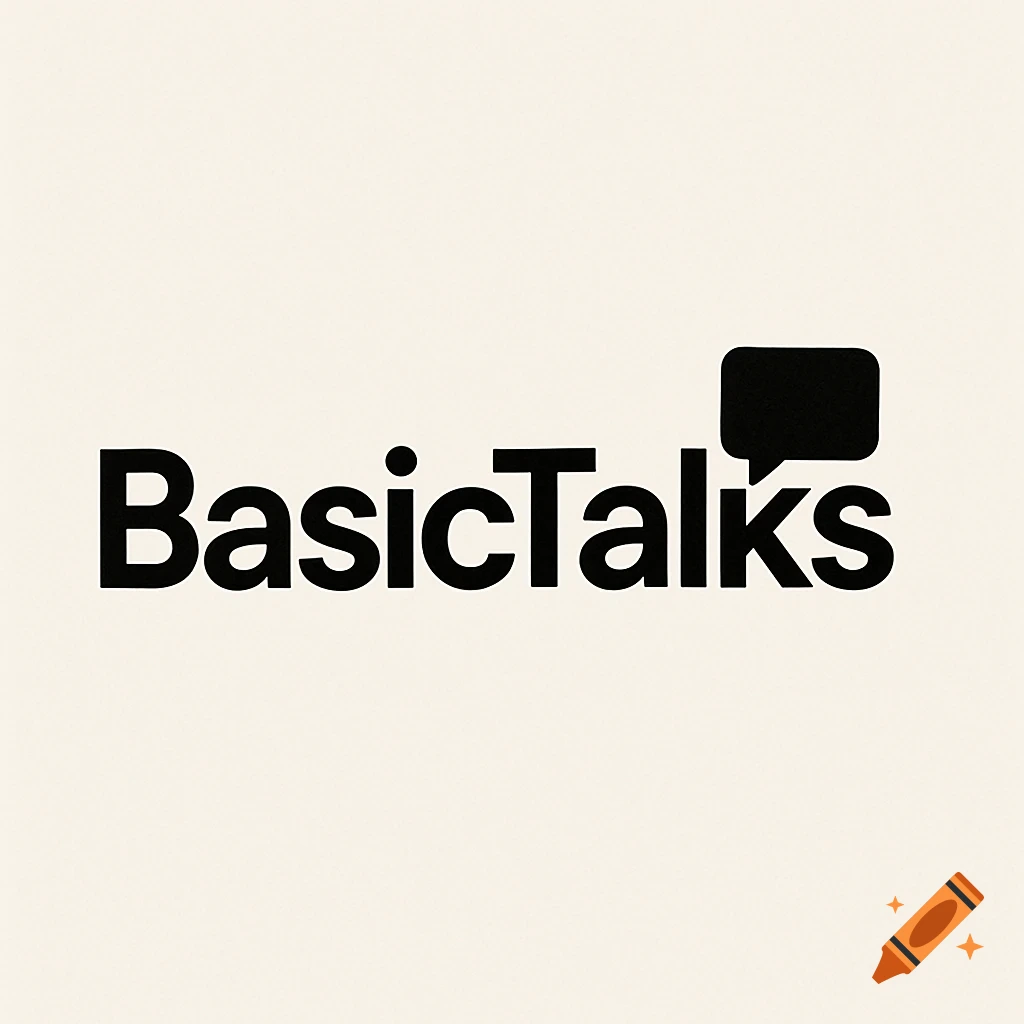 A black logo with 'BasicTalks' text and a speech bubble icon on an off-white background.