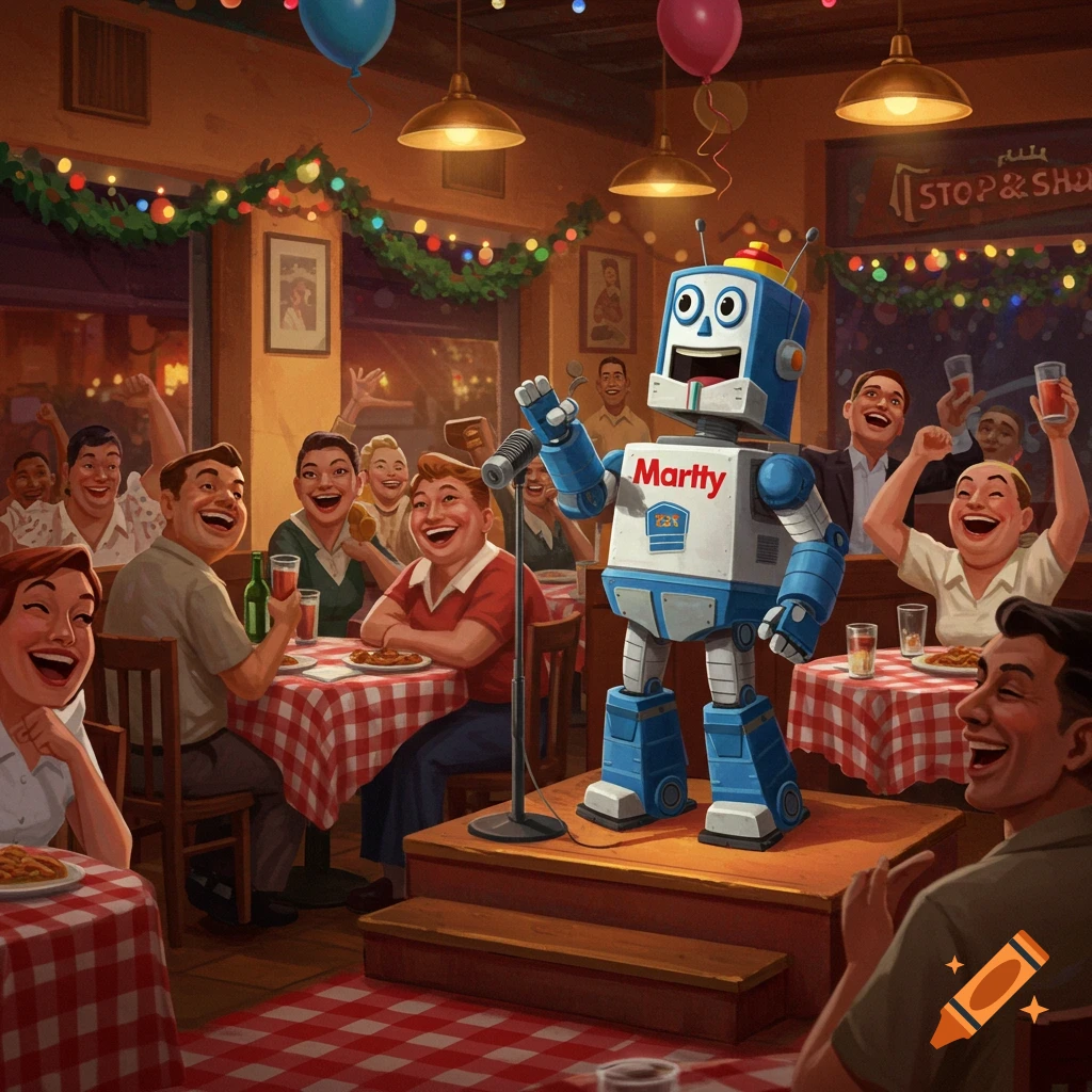 A blue and white robot named Marty sings into a microphone on a stage in a lively Italian restaurant, surrounded by laughing and cheering people.