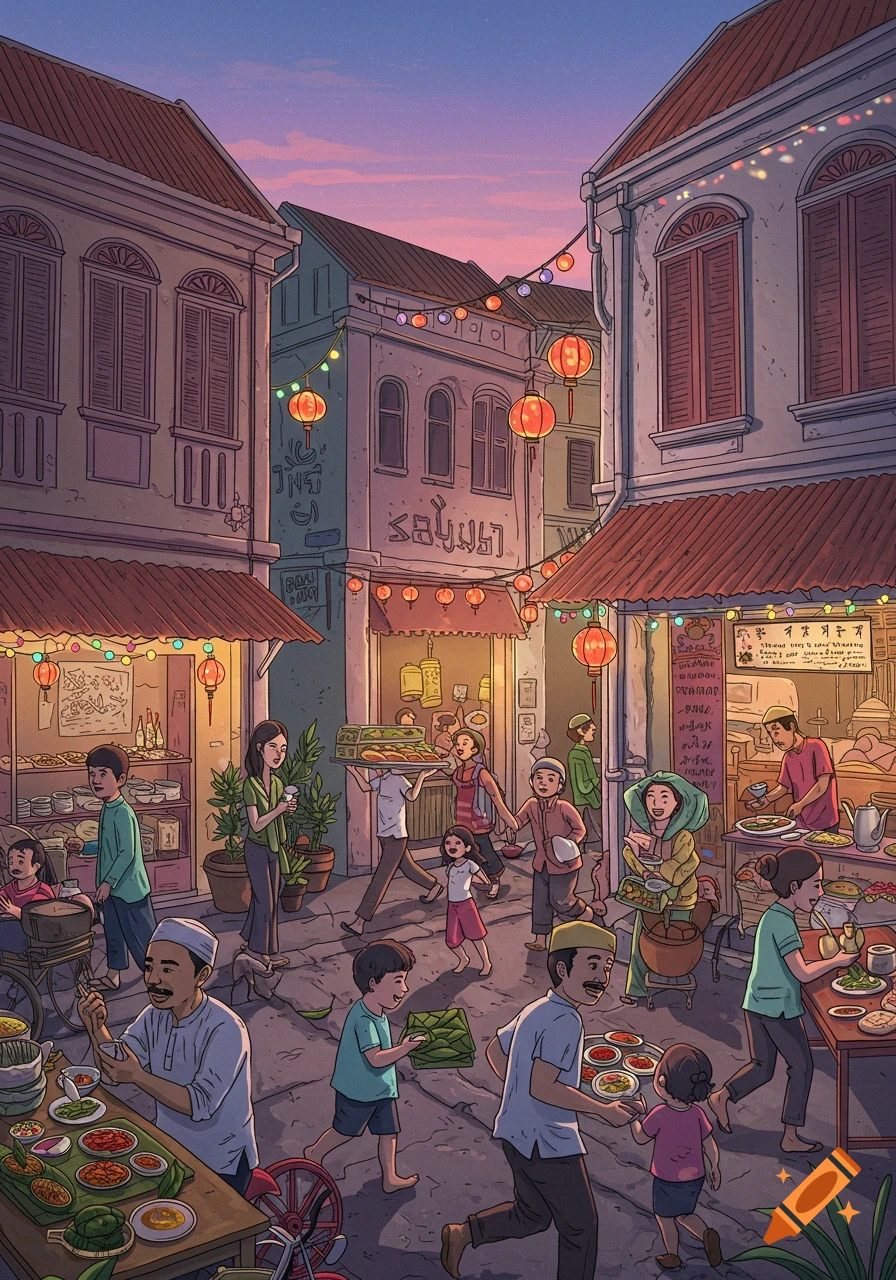 A colorful illustration of a lively street market at dusk, with people selling and eating food from various stalls along a busy street lined with buildings.