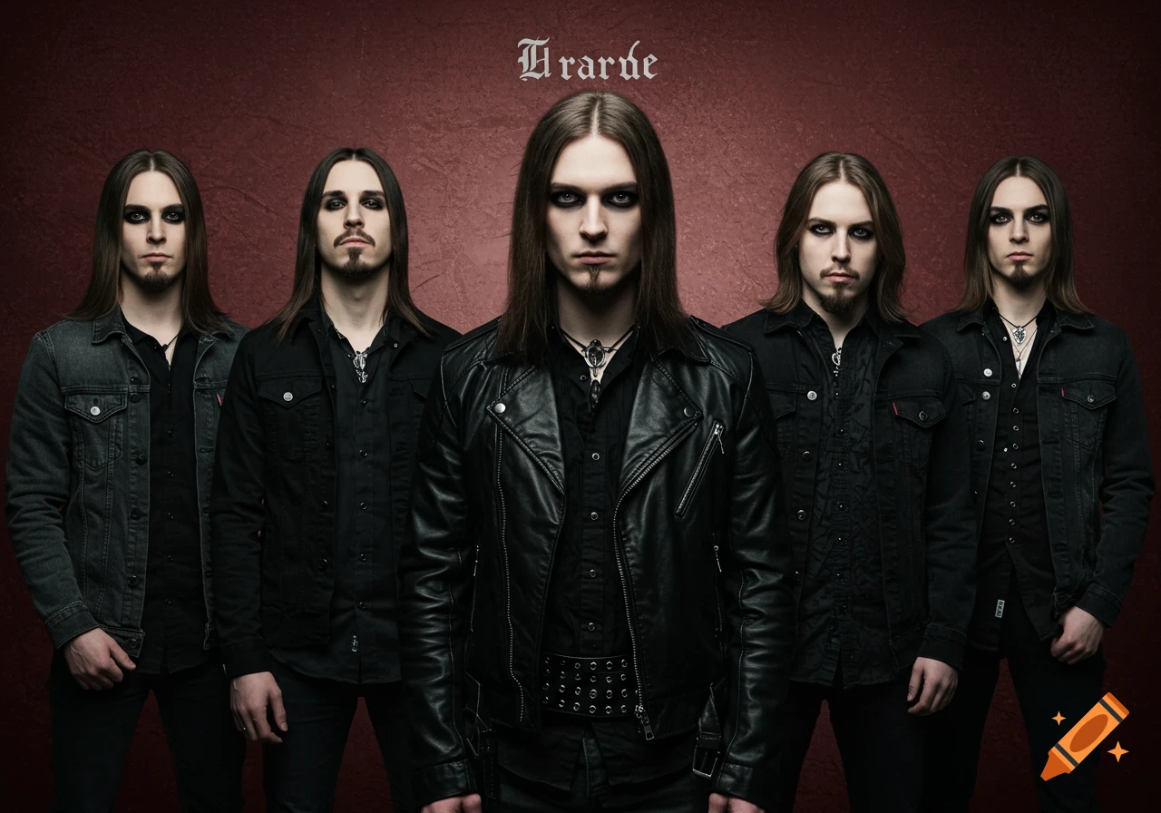 A five-member gothic metal band poses in black clothing against a dark red background, with the word 'Trarne' above them.