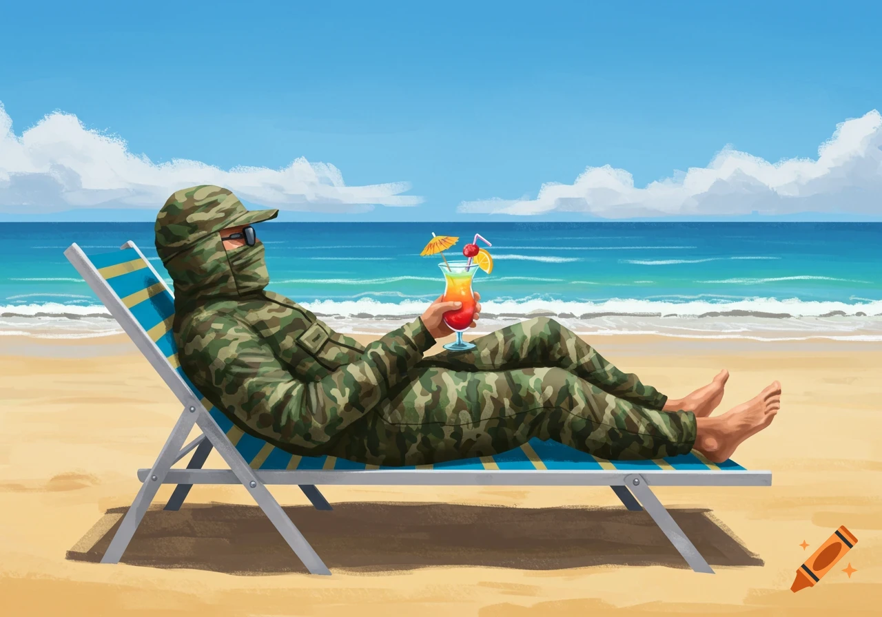 A man in a camouflage ghillie suit relaxes on a beach sunbed, holding a colorful cocktail with an umbrella. Stylized illustration.