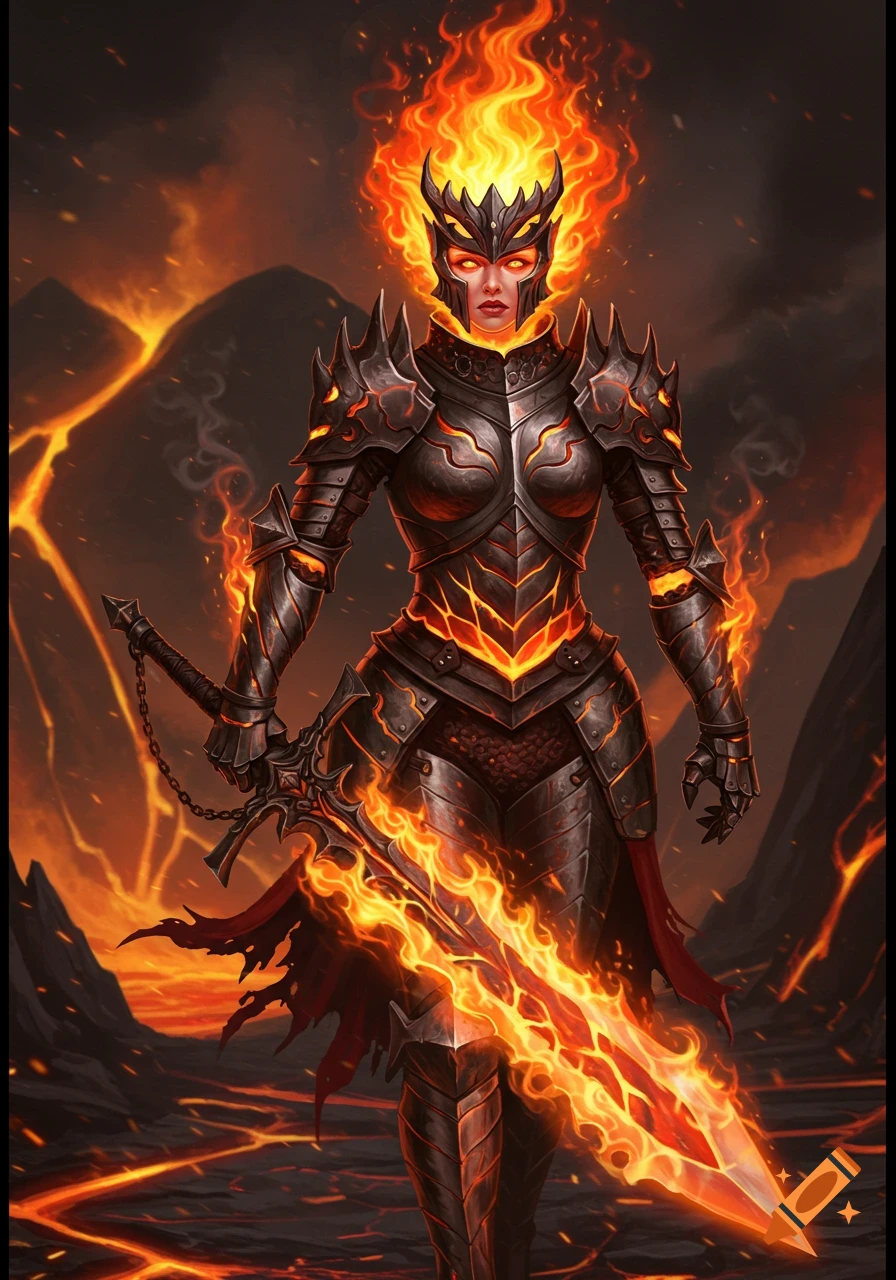 A female knight in dark armor with fiery hair and a flaming sword stands in a volcanic landscape with lava rivers.