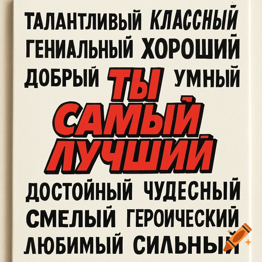 A white poster with black and red Russian text listing various compliments, with "Ty samyy luchshiy" (You are the best) prominently displayed in red, comic-style font in the center.