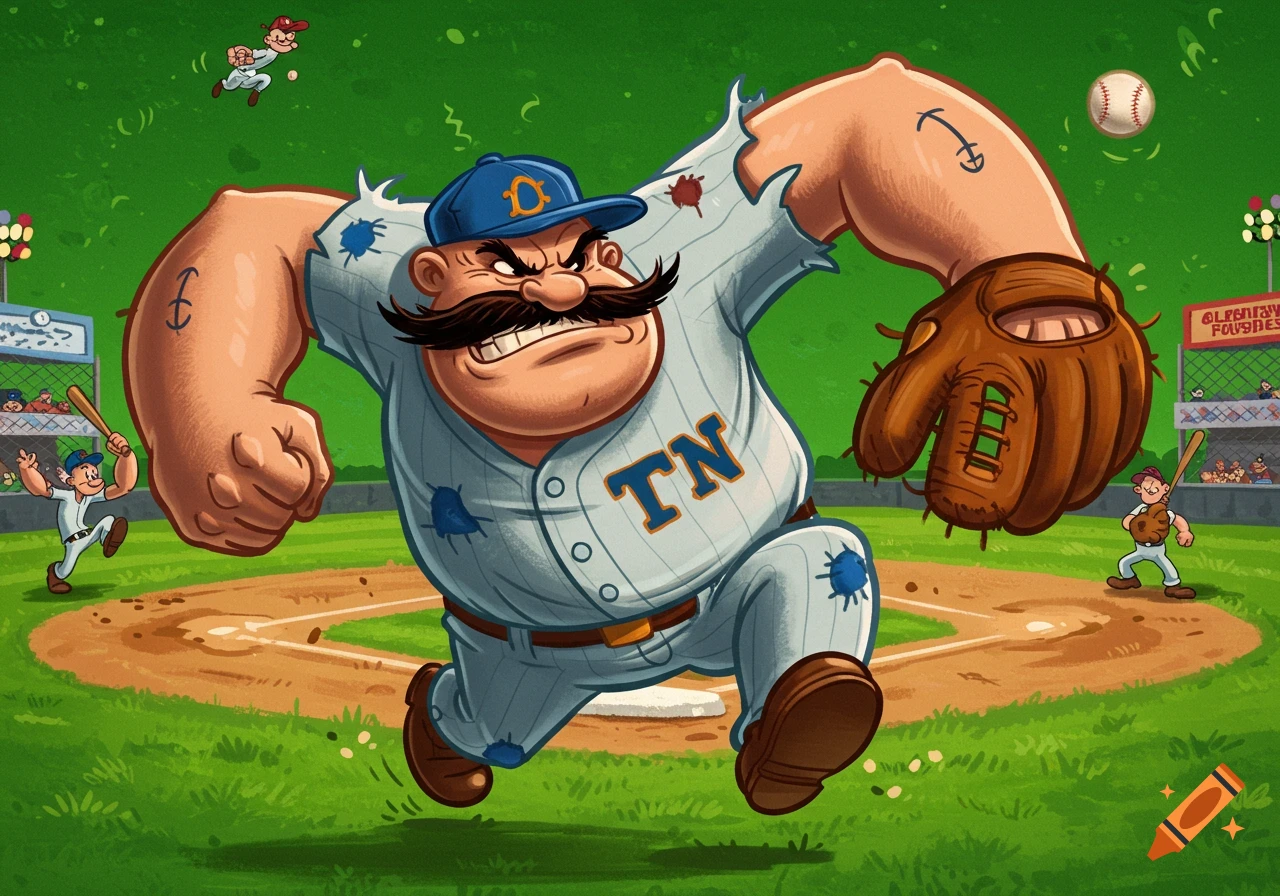 A muscular, mustachioed cartoon baseball player in a ripped uniform runs on a baseball field, with other cartoon players in the background.