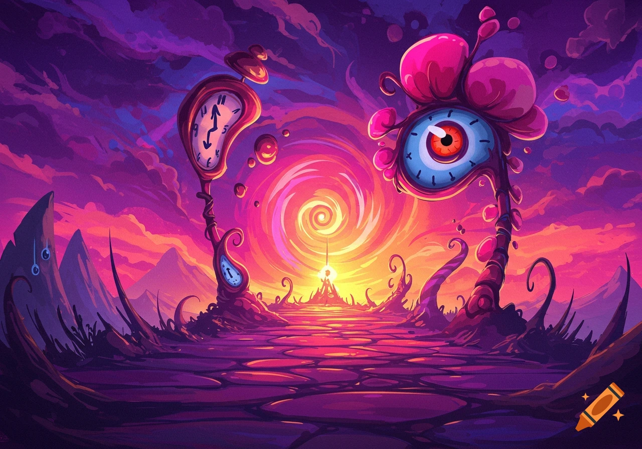 A vibrant, psychedelic illustration of a surreal landscape with melting clocks and an eyeball flower under a swirling sunset sky.