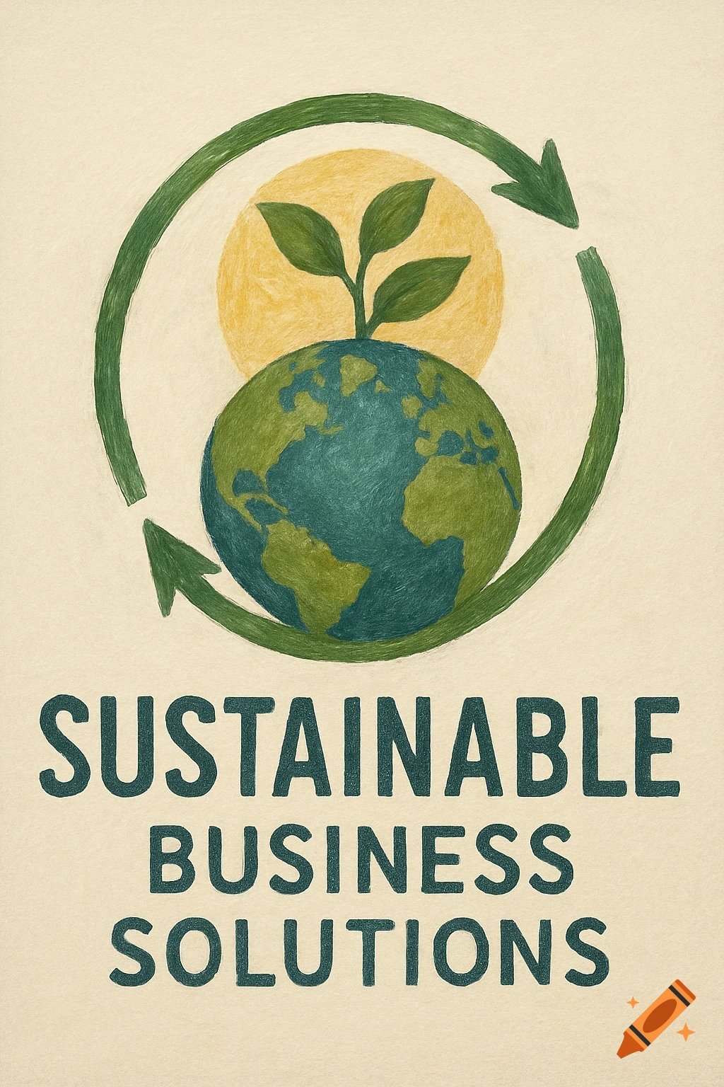 A crayon-style illustration of a globe with a plant and recycling arrows, text reads 'SUSTAINABLE BUSINESS SOLUTIONS'.