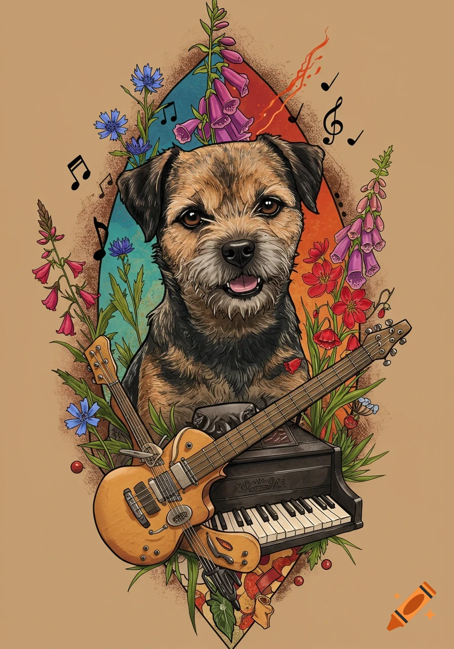 A tattoo design of a Border Terrier dog surrounded by colorful flowers, a guitar, a piano, and musical notes.