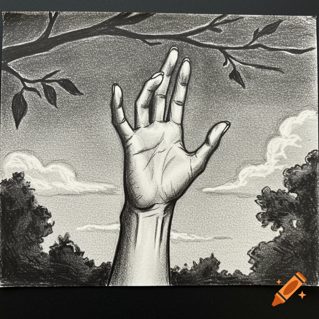 Charcoal sketch of a hand reaching towards a tree branch against a cloudy sky.