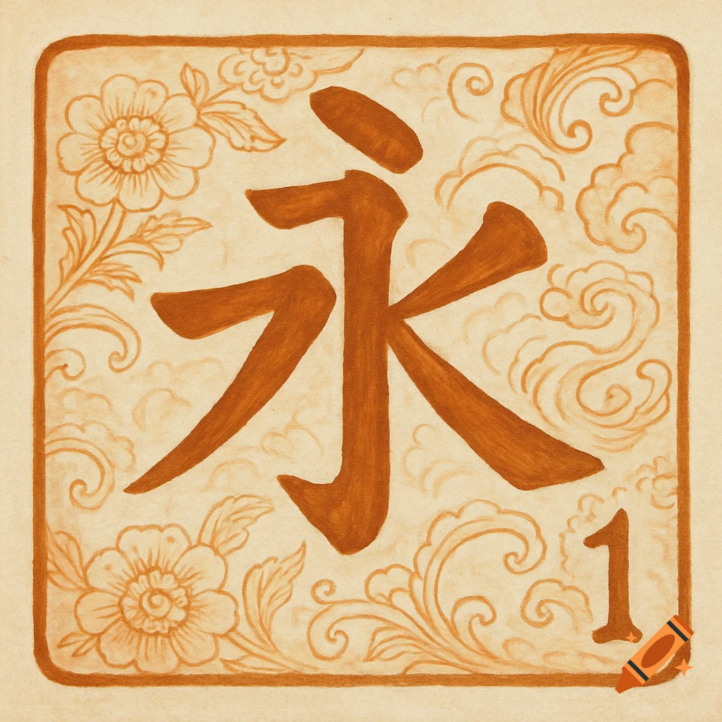 A square tile with the Chinese character 'yong' (永) in orange, surrounded by floral and cloud patterns on a cream background.