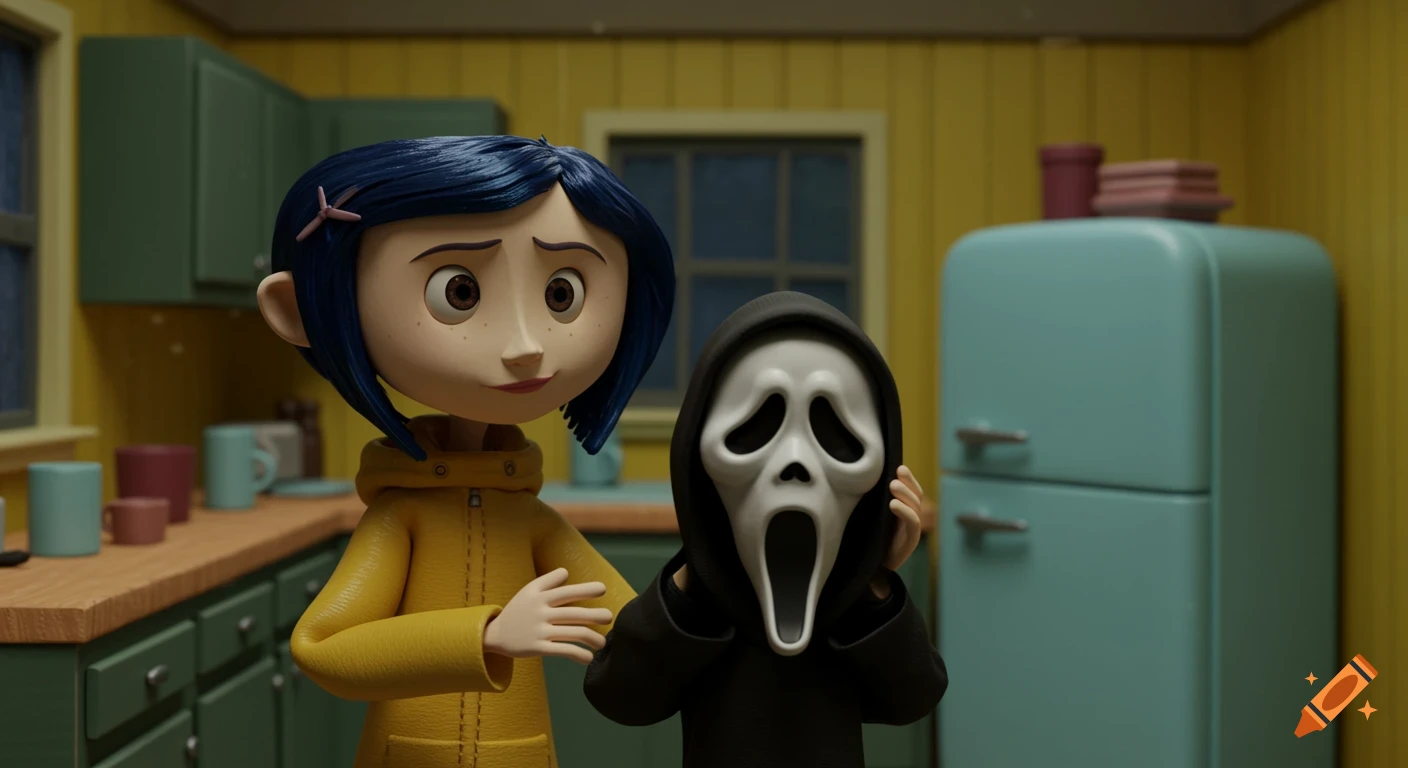 Coraline from the stop-motion movie standing in a kitchen next to a child wearing a Ghostface mask.
